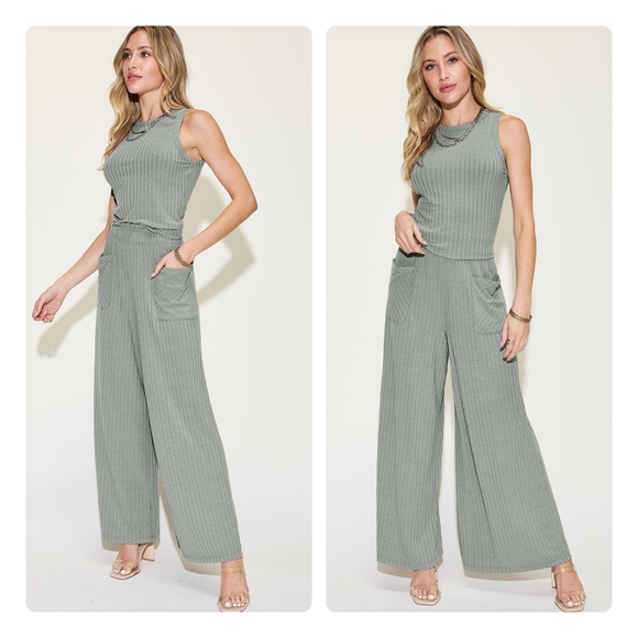 Gray Ribbed Tank and Wide Leg Pants Set - Picture 7 of 8